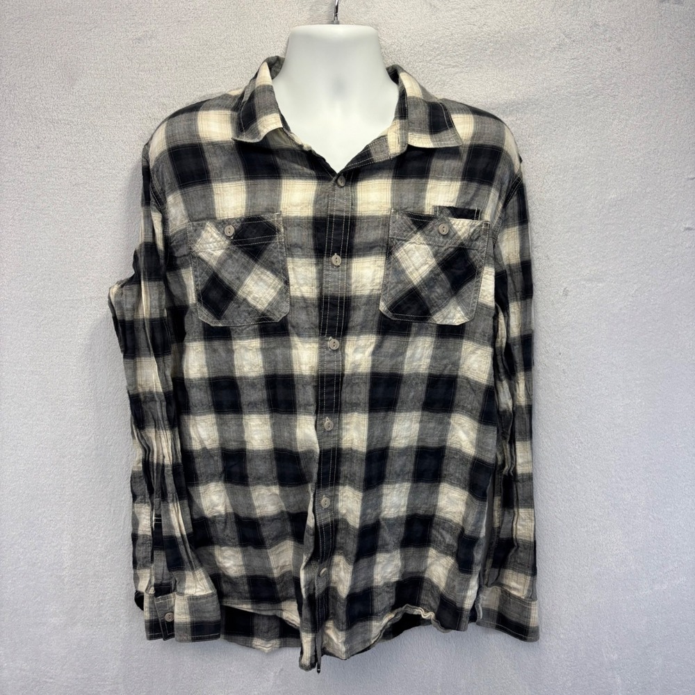 Converse One Star Button Down Shirt Mens XL Black Cream Plaid Long Sleeve Pocket